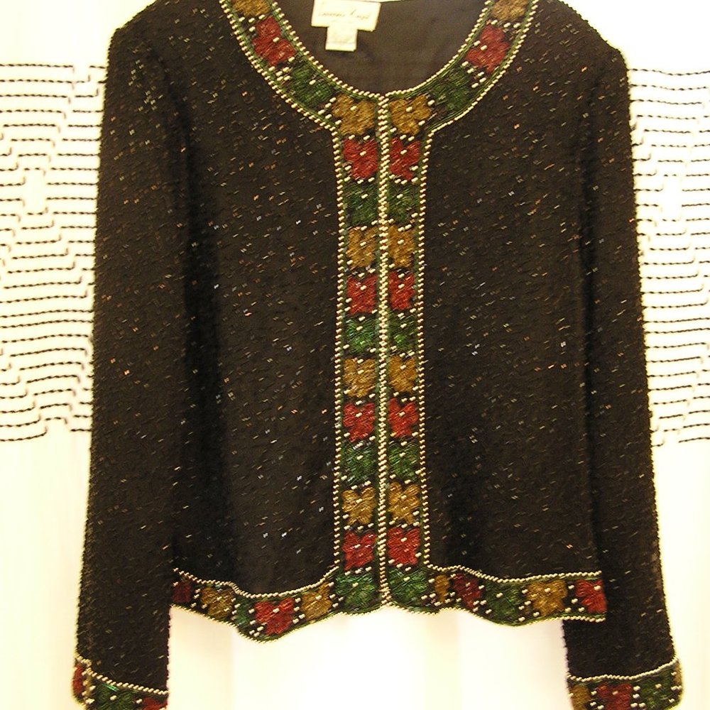 Laurence Kazar vintage black beaded silk jacket 2x